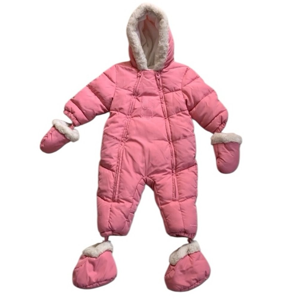 Mayoral Pink Bear Snowsuit Bunting Size 2-4 Months Removable Mittens Booties